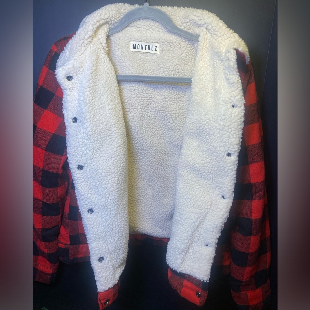 Montrez Red and Black Plaid Bomber Jacket with Sherpa‎